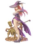  adjusting_clothes adjusting_hat ass back bare_shoulders breasts detached_sleeves dragon's_crown dress hat highres large_breasts long_hair looking_at_viewer looking_back md5_mismatch no_panties red_hair side_slit sideboob simple_background skeleton solo sorceress_(dragon's_crown) spiritoxa staff strapless strapless_dress sword weapon white_background witch_hat 