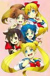  aino_minako aoi_(15-18) bishoujo_senshi_sailor_moon black_hair blonde_hair blue_eyes blue_hair blue_sailor_collar book bow brown_hair double_bun green_eyes highres hino_rei juuban_middle_school_uniform kino_makoto kino_makoto's_school_uniform long_hair mizuno_ami multiple_girls pink_background ponytail purple_eyes red_bow sailor_collar school_uniform serafuku shiba_koen_middle_school_uniform short_hair ta_girls_school_uniform tsukino_usagi twintails 