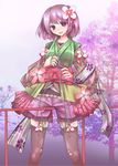  black_legwear blush fingernails flower hair_flower hair_ornament hand_on_hip hieda_no_akyuu japanese_clothes kanchikinps kimono open_mouth purple_eyes purple_hair short_hair short_kimono shorts smile solo straddling thighhighs touhou vibrator 