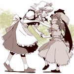  apron bat_wings closed_eyes dancing happy hat height_difference holding_hands izayoi_sakuya monochrome multiple_girls onikobe_rin remilia_scarlet short_hair smile spot_color touhou wings 