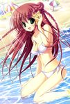  beach bikini brown_hair cleavage green_eyes long_hair mitsui_mana mizugi open_mouth red_hair solo tagme water 