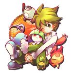  budew gen_1_pokemon gen_3_pokemon gen_4_pokemon green_eyes green_hair magnemite male_focus mitsuru_(pokemon) nigo one_eye_closed orange_eyes pokemon pokemon_(creature) pokemon_(game) pokemon_rse ralts sitting skitty smile swablu white_beak 