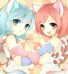  akayuyu_(artist) animal_ears aqua_eyes aqua_hair bad_id bad_pixiv_id bare_shoulders gloves kouhaku_nawa multiple_boys nikorinbou ojarumaru okorinbou open_mouth otoko_no_ko personification red_eyes red_hair rope short_hair 