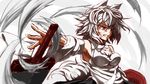  animal_ears bare_shoulders breasts detached_sleeves highres inubashiri_momiji kamo_(yokaze) large_breasts no_hat no_headwear reaching red_eyes shield short_hair silver_hair solo sword tail teeth touhou upper_body weapon wolf_ears wolf_tail 