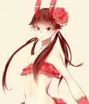  bad_id bad_pixiv_id bare_shoulders brown_hair c_(control) flower hair_flower hair_ornament hiryoou horns long_hair mashu_(control) midriff pointy_ears red_eyes simple_background solo strapless tubetop twintails 