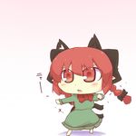  animal_ears blush_stickers bow bowtie braid cat_ears cat_tail chibi dress extra_ears fang fighting_stance hair_bow hazuki_ruu kaenbyou_rin multiple_tails open_mouth red_eyes red_hair shadow simple_background solo tail touhou 