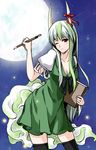  bad_id bad_pixiv_id blush book breasts brush calligraphy_brush cleavage dress ex-keine full_moon green_hair horn_ribbon horns kamishirasawa_keine long_hair medium_breasts moon multicolored_hair one_eye_closed paintbrush red_eyes ribbon sindre smile solo tail thighhighs touhou two-tone_hair 