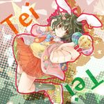  alternate_costume animal_ears bad_id bad_pixiv_id black_hair bow bowtie bunny_ears candy carrot casual character_name earrings food foreshortening hood hoodie inaba_tewi jacket jewelry lollipop lunica necktie pins red_eyes short_hair smile solo symbol-shaped_pupils touhou wristband 