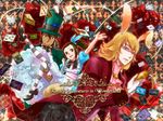  2boys alice_(wonderland) alice_in_wonderland animal_ears antonio_lopez argyle argyle_background barnaby_brooks_jr blonde_hair blue_rose_(tiger_&amp;_bunny) brown_eyes brown_hair bunny_ears bunny_tail card cravat dragon_kid dress facial_hair falling_card fire_emblem_(tiger_&amp;_bunny) glasses gloves green_eyes hat huang_baoling ivan_karelin jewelry kaburagi_kaede kaburagi_t_kotetsu karina_lyle keith_goodman multiple_boys nathan_seymour necklace origami_cyclone pantyhose playing_card pocket_watch rock_bison short_hair side_ponytail sky_high striped striped_legwear stubble tail tiger_&amp;_bunny top_hat watch white_gloves white_rabbit yoimosezu 