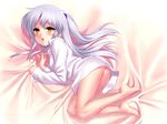  :o angel_beats! angel_wings barefoot blush dress_shirt feet legs long_hair lying no_panties open_mouth shirt silver_hair solo tenshi_(angel_beats!) white_shirt wings yellow_eyes zen 