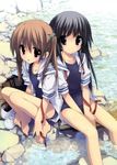  2girls black_eyes black_hair brown_eyes brown_hair feet long_hair mizugi open_mouth ruchie school_uniform smile tagme water 