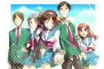  3girls asahina_mikuru black_hair brown_eyes brown_hair cardigan closed_eyes grey_hair grin hair_ribbon kita_high_school_uniform kk-jj koizumi_itsuki kyon long_hair multiple_boys multiple_girls nagato_yuki ribbon school_uniform serafuku short_hair smile suzumiya_haruhi suzumiya_haruhi_no_yuuutsu 