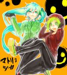  aqua_hair bad_id bad_pixiv_id blue_eyes facial_tattoo gloves green_eyes green_hair gumi hatsune_miku headphones highres hood hoodie lip_piercing long_hair matryoshka_(vocaloid) multiple_girls open_mouth piercing smiley_face tattoo tcb tears track_suit twintails vocaloid 