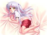  :o angel_beats! barefoot bed_sheet blush feet frills gym_shorts gym_uniform legs long_hair lying open_mouth panties ponytail sheet_grab shorts shorts_pull silver_hair solo sportswear tenshi_(angel_beats!) underwear white_panties yellow_eyes zen 