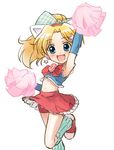  :d animal_ears armpits blonde_hair blue_eyes blush cat_ears cheerleader earrings fangs jewelpet_(series) jewelpet_twinkle jewelry long_hair midriff miria_marigold_mackenzie navel nyama open_mouth pom_poms ponytail simple_background smile solo star star_earrings sweat white_background wind wind_lift 