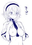  alice_margatroid between_breasts blush breasts capelet face hairband large_breasts monochrome nipples nude serin short_hair sketch solo touhou upper_body 