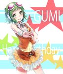  belt character_name cowboy_shot goggles goggles_on_head green_eyes green_hair gumi hanamuke hand_on_hip happy_birthday headphones highres navel open_mouth skirt smile solo star starry_background v vocaloid 
