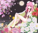  bandages bare_legs blush bun_cover china_dress chinese_clothes double_bun dress flower full_moon ibaraki_kasen legs mochida_(kokomo) moon no_panties pink_eyes pink_hair rose side_slit solo touhou 