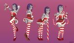  1girl blue_hair breasts candy candy_cane christmas cleavage dc_comics dress food high_heels raven_(dc) red_shoes short_hair skuddbutt solo striped striped_legwear teen_titans thighhighs 