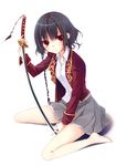  bad_id bad_pixiv_id bare_legs barefoot black_hair braid character_request copyright_request face feet itou_nanami katana red_eyes sitting skirt solo sword wariza weapon 