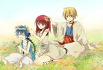  2boys ^_^ aladdin_(magi) ali_baba_saluja bad_id bad_pixiv_id barefoot blonde_hair blue_hair braid closed_eyes feet flower hair_flower hair_ornament head_wreath kneeling long_hair magi_the_labyrinth_of_magic midriff morgiana multiple_boys one_side_up open_mouth red_eyes red_hair shirako_miso short_hair sitting smile yellow_eyes 