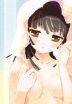  :o bakemonogatari black_eyes black_hair blush breasts covering covering_breasts drying drying_hair head_tilt highres medium_breasts monogatari_(series) nude santa_matsuri sengoku_nadeko solo towel towel_on_head wet 