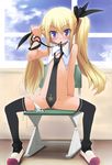  blue_eyes blush convenient_censor dfc hair_ribbon hand_holding_hair_and_ribbon_in_place interior_shoes legs_spread_eagle long_blonde_hair long_tie pantsu school_shoes sitting_on_chair tagme white_shirt_collar zettai_ryouiki 
