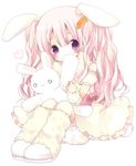  :3 absurdres animal_ears barrette blush bow bunny_ears carrot carrot_hair_ornament detached_sleeves dress flour_(artist) food_themed_hair_ornament hair_ornament hairclip highres long_hair original pink_hair purple_eyes sitting solo stuffed_animal stuffed_bunny stuffed_toy twintails wavy_hair 