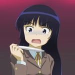  bi_no_ossan black_eyes black_hair commentary face gokou_ruri highres long_hair mole mole_under_eye ore_no_imouto_ga_konna_ni_kawaii_wake_ga_nai pregnancy_test school_uniform solo surprised turn_pale 