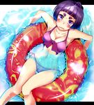  afloat ao_no_exorcist bikini blush breasts cleavage eyebrows from_above front-tie_top innertube kamiki_izumo long_hair long_legs medium_breasts natsu_(anta_tte_hitoha) navel open_mouth partially_submerged ponytail pool purple_bikini purple_eyes purple_hair short_eyebrows side-tie_bikini solo swimsuit thigh_gap water wavy_mouth 