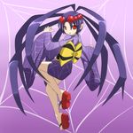  arane bow clam_curry clog_sandals highres insect_girl japanese_clothes kimono monster_girl no_pupils pointy_ears purple_hair queen's_blade queen's_blade_spiral_chaos red_eyes sandals short_hair solo spider_girl 