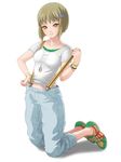 absurdres alternate_costume ami_(kawasemidori) blonde_hair full_body green_eyes hair_ornament hairclip highres huang_baoling jewelry necklace no_socks shirt shoes short_hair simple_background sneakers solo suspenders t-shirt tiger_&amp;_bunny white_background yin_yang 