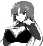  annoyed bra breasts gloves greyscale hime_cut hizuki_akira lace lace-trimmed_bra large_breasts lingerie long_hair monochrome natsume_(pokemon) pokemon pokemon_(game) pokemon_rgby shirt_lift solo underwear upper_body 