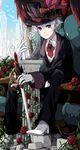  bad_id bad_pixiv_id blue_eyes bow bowtie chair flower formal glass gloves hat light_smile male_focus original pointy_ears rose sitting smile solo suit sword top_hat weapon white_hair yue 