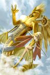  blonde_hair cloud day electricity flying highres lance monster original polearm saku short_hair weapon wings 