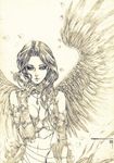  angel_wings breasts cleavage elbow_gloves face gloves graphite_(medium) lips long_hair medium_breasts monochrome navel petals phong_anh rose_petals shahrazad_al-rahman solo traditional_media trinity_blood wings 