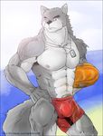  anthro antlerwolf beach biceps big_muscles bulge canine clothing collar fur lifeguard male mammal muscles nipples ocean one_eye_closed plain_background pose pubes pubic_hair rix sea seaside shorts solo topless water white_background wink wolf 