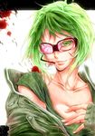  bad_id bad_pixiv_id blood bokura_no_16bit_warz_(vocaloid) breasts broken_glass cleavage collarbone glass goggles green_eyes green_hair gumi headset letterboxed medium_breasts satoru0612 short_hair smile solo unzipped vocaloid 