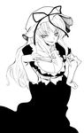  bad_id bad_pixiv_id bow breasts cleavage closed_fan collarbone dress fan folding_fan fuantei greyscale hair_bow hand_on_hip hat hat_ribbon large_breasts long_hair monochrome naughty_face ribbon sidelocks smile solo touhou yakumo_yukari 