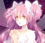  bad_id bad_pixiv_id bow choker hair_bow hands_clasped ikamera kaname_madoka long_hair mahou_shoujo_madoka_magica own_hands_together pink_hair solo spoilers two_side_up ultimate_madoka yellow_eyes 