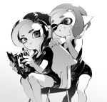  chair commentary greyscale hand_on_own_face high_contrast inkling leaning_forward looking_at_another magazine medium_hair monochrome multiple_girls octoling one_eye_closed reading shimidu_sp short_hair short_shorts shorts simple_background sitting smile splatoon_(series) splatoon_2 tank_top tentacle_hair vignetting white_background 