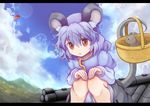 :&lt; animal_ears cloud colored_eyelashes day hands_on_own_knees letterboxed mouse mouse_ears mouse_tail nazrin qontamblue rooftop sky solo space_craft squatting staring tail touhou ufo unzan v 