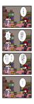  4koma black_wings book bookshelf comic crescent dora_ita hat head_wings highres koakuma long_hair multiple_girls necktie patchouli_knowledge purple_hair red_hair shelf sweatdrop touhou translated wings 