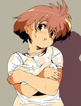  bangs blush breasts brown_eyes brown_hair covering covering_breasts crossed_arms edoya_inuhachi grey_background hair_between_eyes head_tilt large_breasts no_bra oekaki parted_lips see-through shirt short_hair short_sleeves simple_background solo t-shirt umihara_kawase umihara_kawase_(character) upper_body wet wet_clothes wet_hair wet_shirt wet_t-shirt 