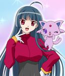  :d ahoge black_hair chibi espeon forked_tail gen_2_pokemon gloves jewelpet_(series) jewelpet_sunshine long_hair natsume_(pokemon) neichii one_eye_closed open_mouth parody pokemon pokemon_(creature) pokemon_(game) pokemon_rgby purple_eyes red_eyes smile sparkle style_parody tail v 