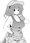  bad_id bad_pixiv_id breasts cleavage clothes_around_waist collarbone drinking drinking_straw fuantei gloves greyscale hair_bobbles hair_ornament hat jacket_around_waist juice_box kawashiro_nitori large_breasts monochrome no_bra short_hair sideboob sleeveless solo tank_top touhou two_side_up 