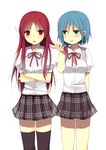  2girls alternate_costume alternate_hairstyle bad_id bad_pixiv_id black_legwear blue_eyes blue_hair blush crossed_arms dress_shirt fang hair_down hair_ornament hair_tousle hairclip jing_hu long_hair mahou_shoujo_madoka_magica miki_sayaka multiple_girls red_eyes red_hair sakura_kyouko school_uniform shirt short_hair skirt thighhighs zettai_ryouiki 