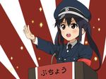  black_hair blush hat k-on! lectern military military_uniform nakano_azusa nazi necktie open_mouth peaked_cap pu-chin red_eyes round_teeth salute solo sparkle straight-arm_salute teeth totenkopf translated twintails uniform 