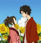  1girl bad_id bad_pixiv_id brown_hair closed_eyes cloud couple day earrings facial_hair flower fuu hetero imminent_kiss japanese_clothes jewelry kimono mameko mugen samurai_champloo stubble sunflower 