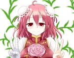  bandages blush bococho bun_cover chinese_clothes double_bun double_v flower ibaraki_kasen pink_flower pink_hair pink_rose red_eyes rose short_hair smile solo touhou v 